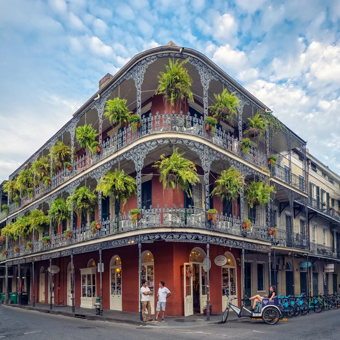 Ornate iron balconies draped with green ferns on a terracotta building in New Orleans’ French Quarter.